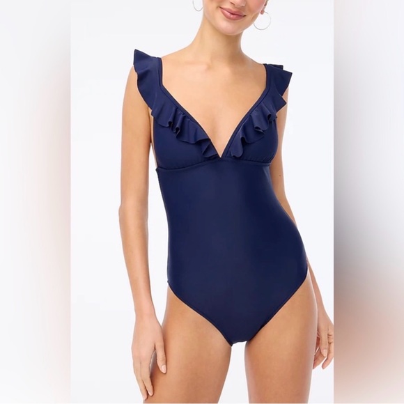 J.Crew Factory Ruffle V-Neck One-Piece Swimsuit Navy Blue 2X Resort Vacation EUC - Picture 10 of 12